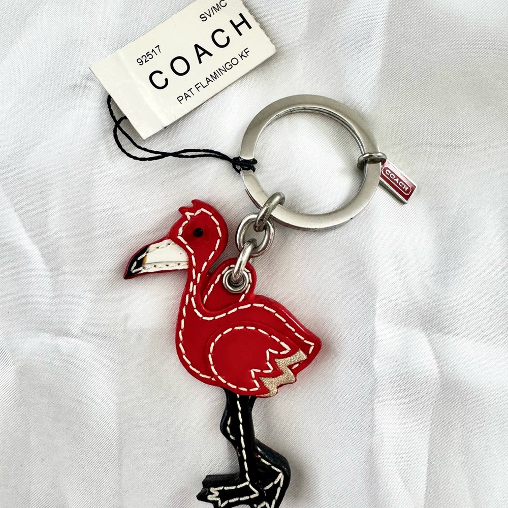 Coach Pink Flamingo Leather Bag Charm with Silver Hardware